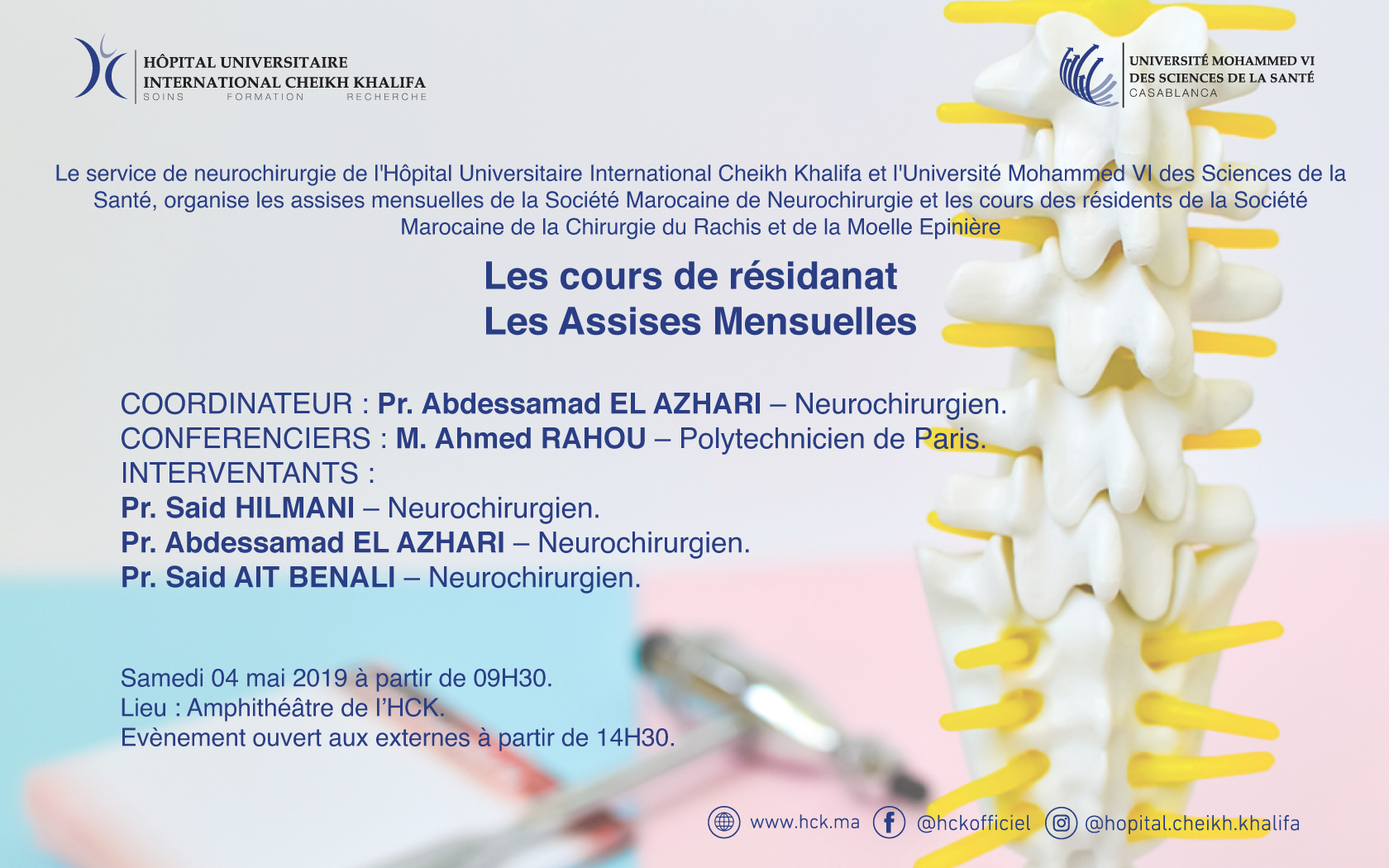 COURS DE RESIDANAT ET ASSISES MENSUELLES EN NEUROCHIRURGIE, CHIRURGIE DU RACHIS ET MOELLE EPINIERE